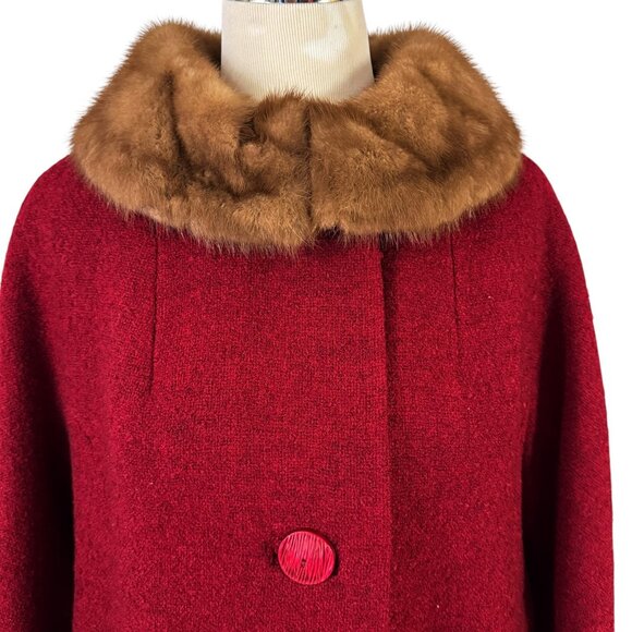 Shagmoor Red Wool Tweed Coat Beige Mink Collar May Co Size Medium Vintage 1960s - Picture 3 of 13